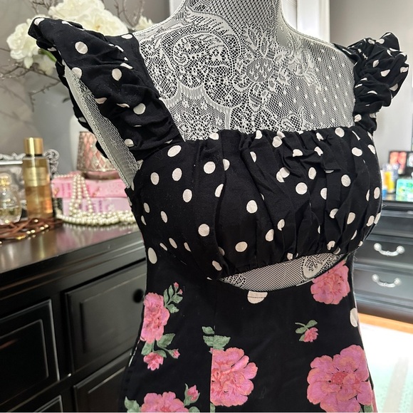 Free People Bom Bom Mini Dress | Black Floral Polka Dot Cutout Back | Size Small - Picture 6 of 13